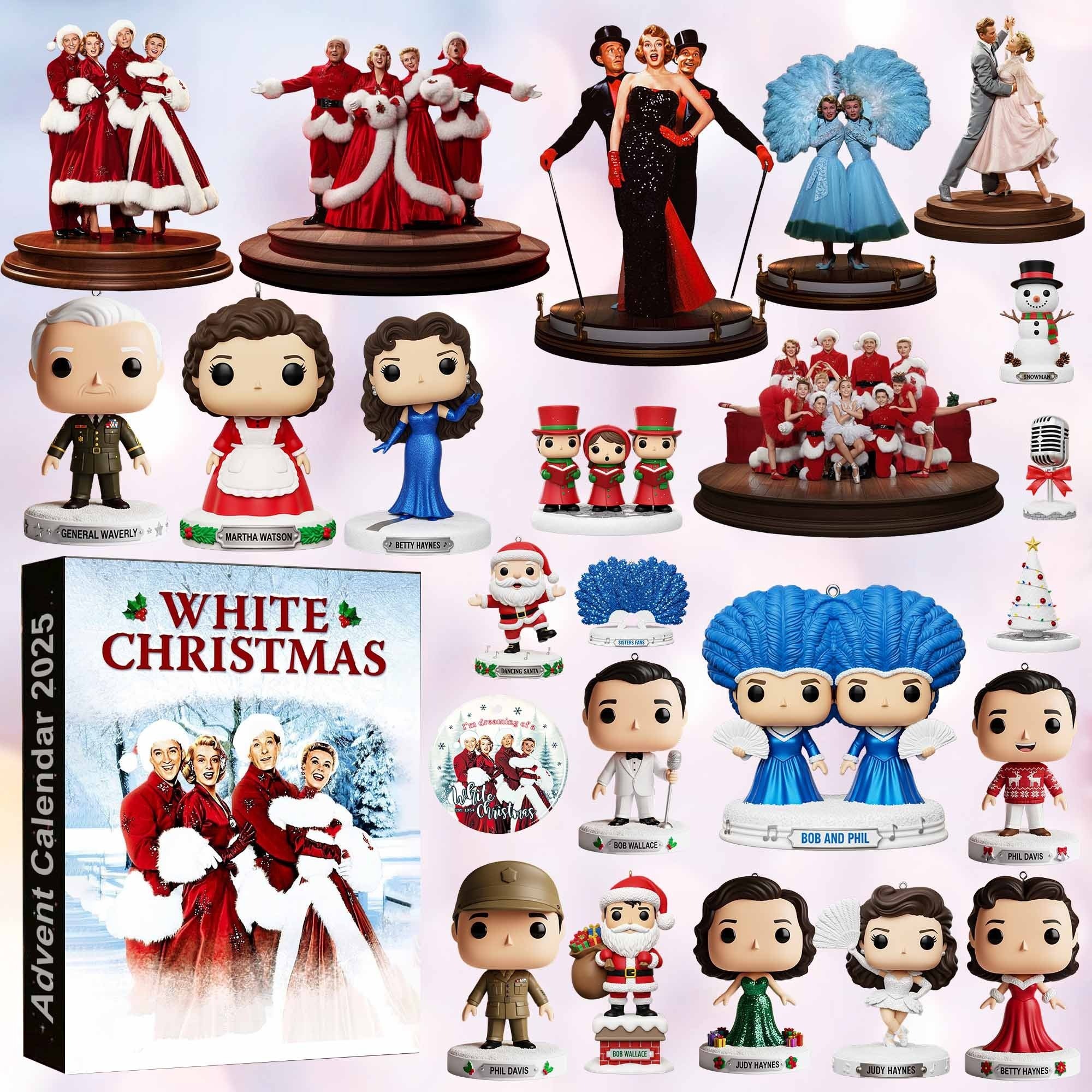 A collection of White Christmas 2025 Advent Calendar figures and decorations displayed together!