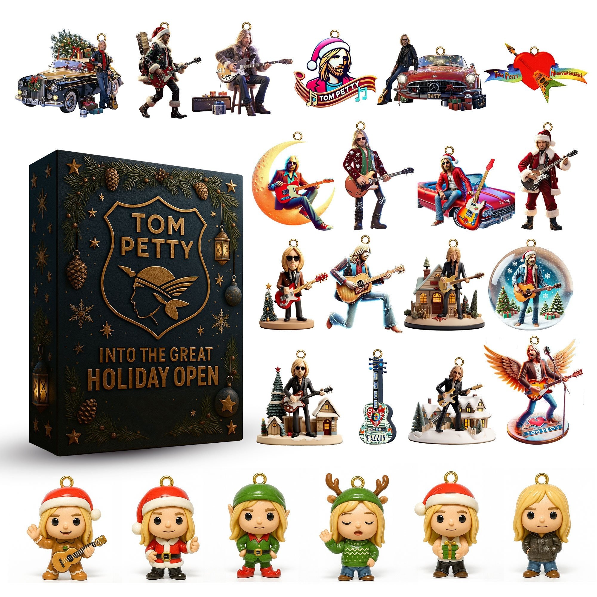 A collection of Tom Petty themed figures in various musical and Christmas outfits displayed with the Tom Petty Into The Great Holiday Open calendar box.