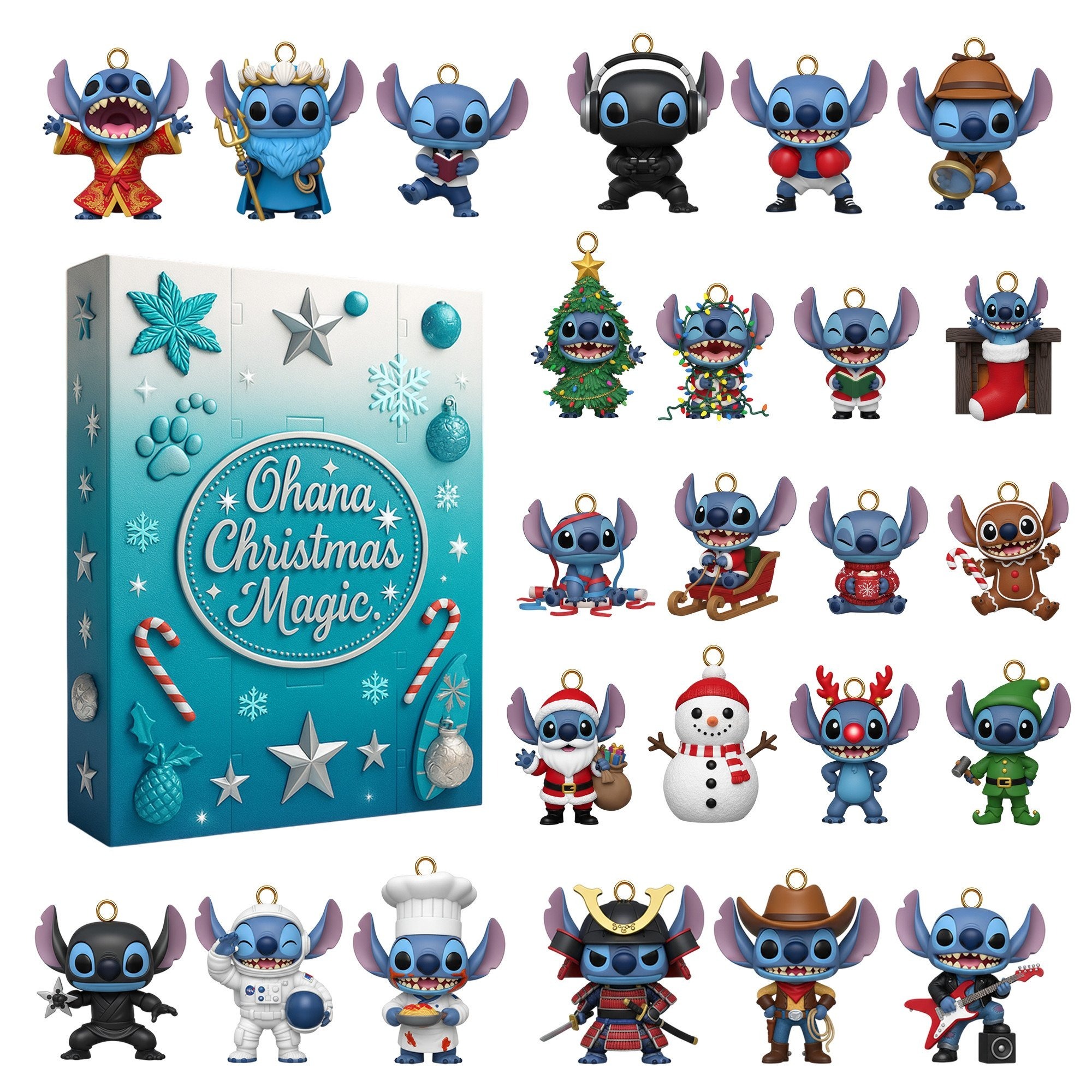 A collection of Stitch figures in various Christmas outfits displayed with the Ohana Christmas Magic calendar box.