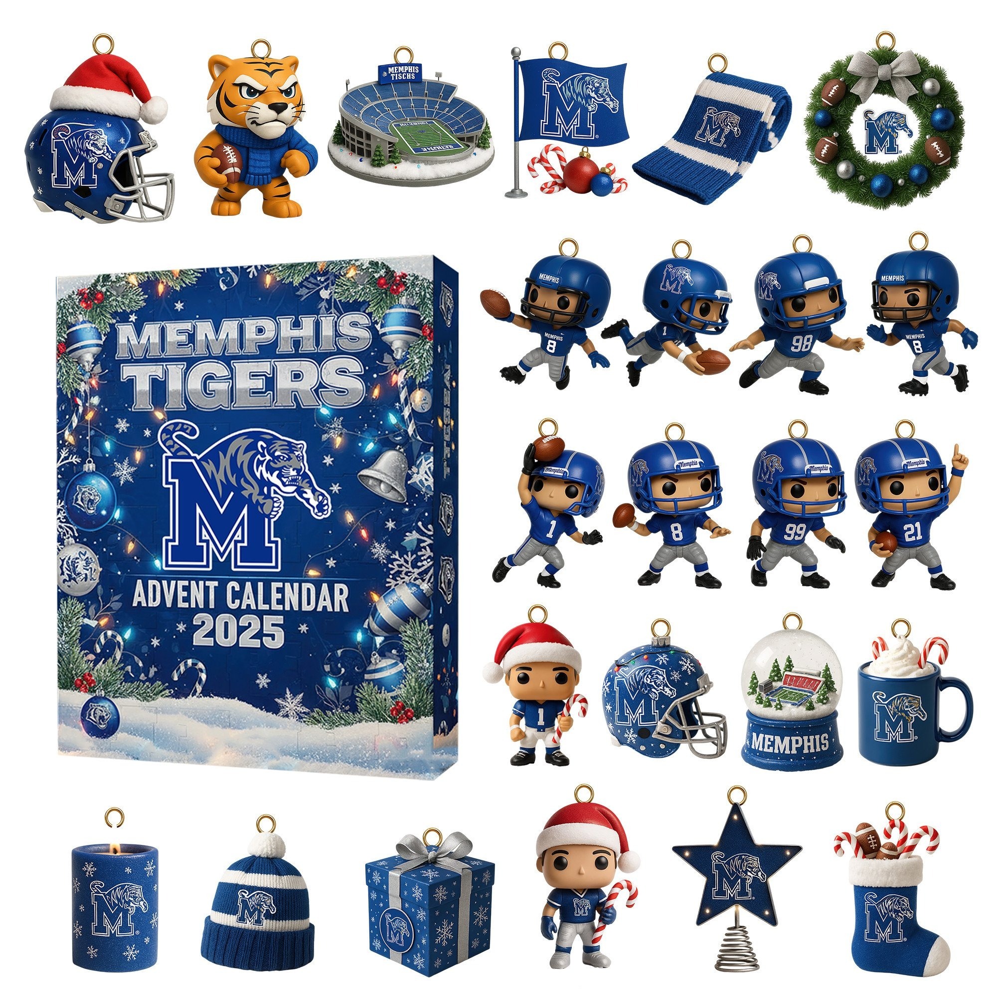 Collection of Memphis Tigers Advent Calendar 2025 ornaments and figures displayed together.