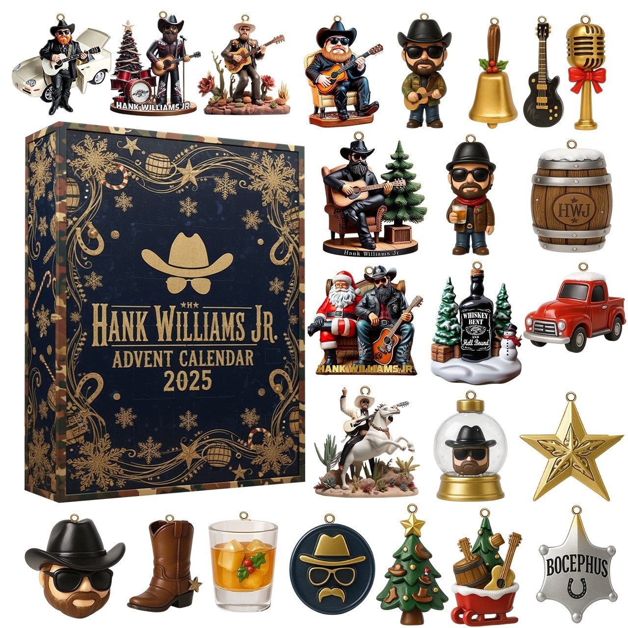 Hank Williams Jr Advent Calendar 2025 box with multiple collectible country themed ornaments arranged around it!