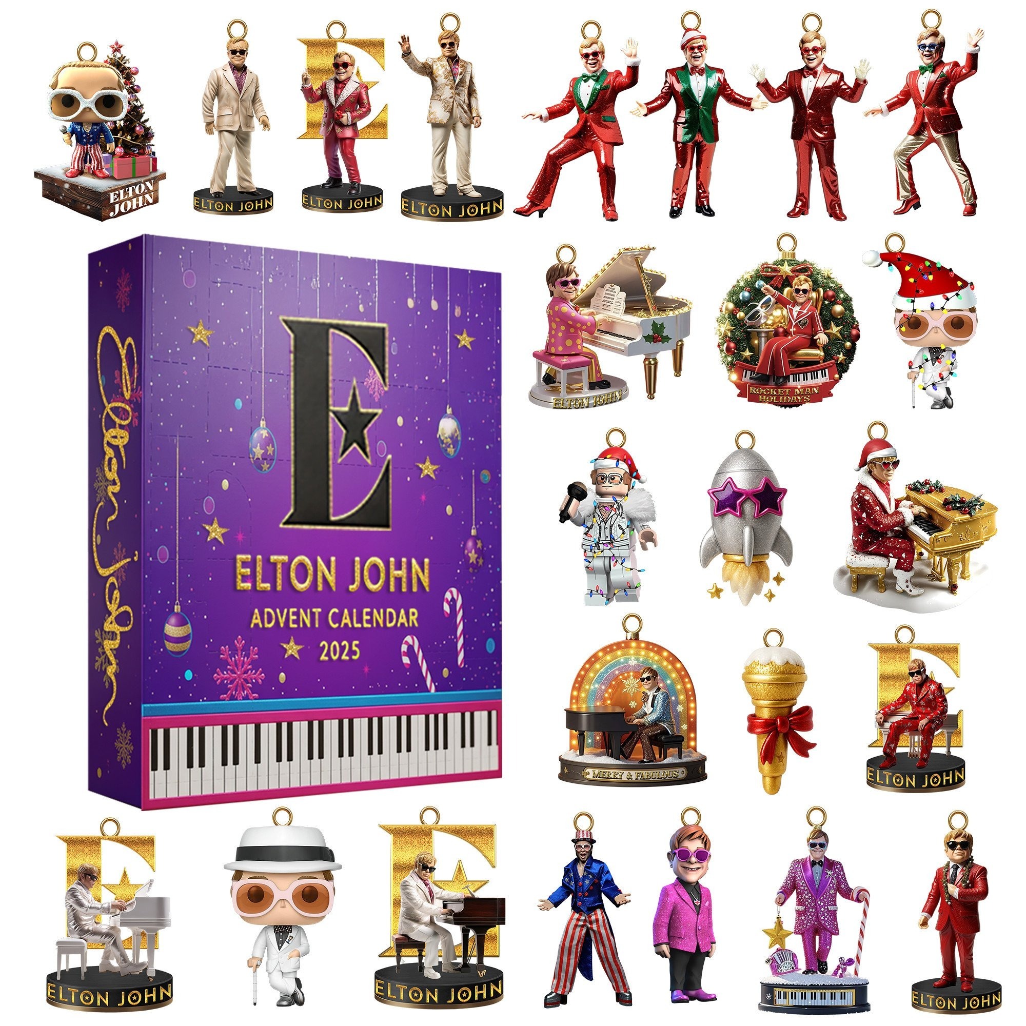 Elton John Advent Calendar 2025 box with multiple collectible miniature ornaments featuring Elton John in various iconic outfits.