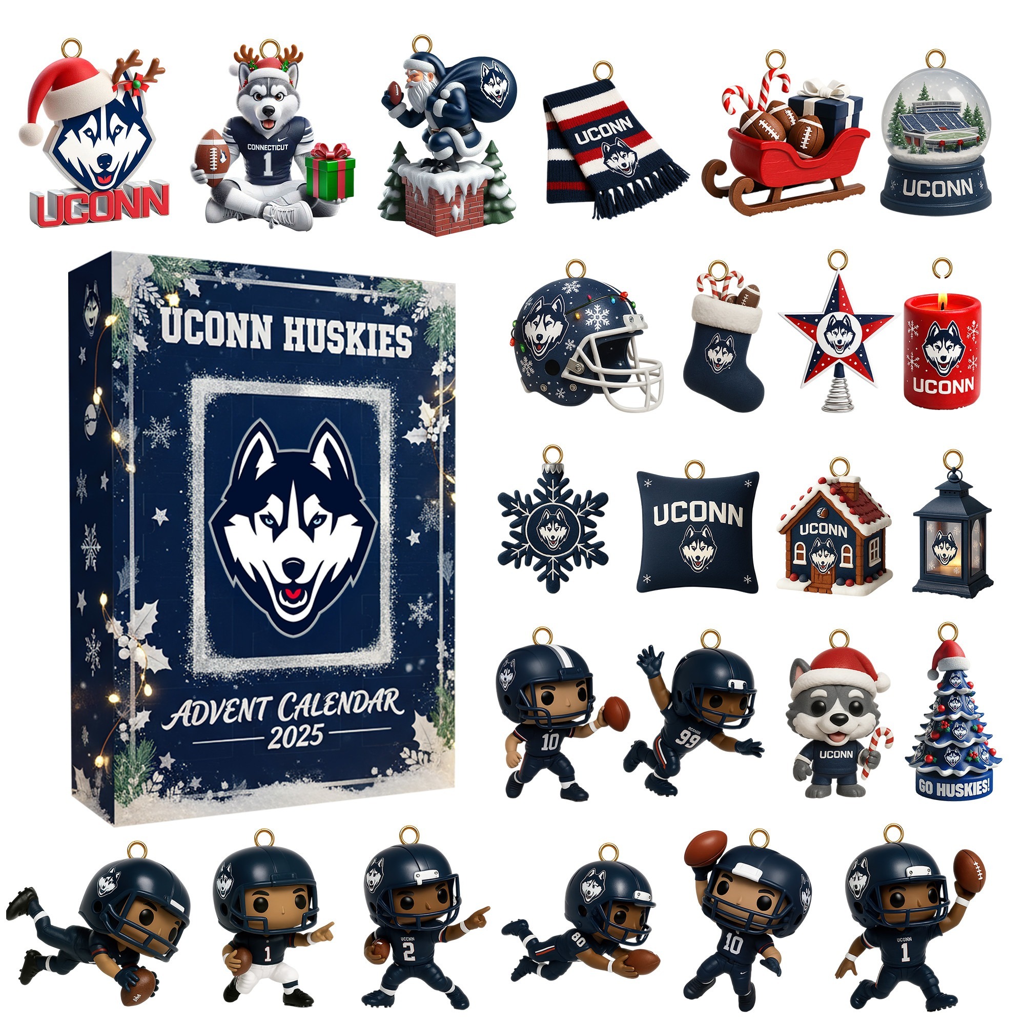 A UConn Huskies Advent Calendar 2025 surrounded by miniature UConn-themed Christmas ornaments and football figures.