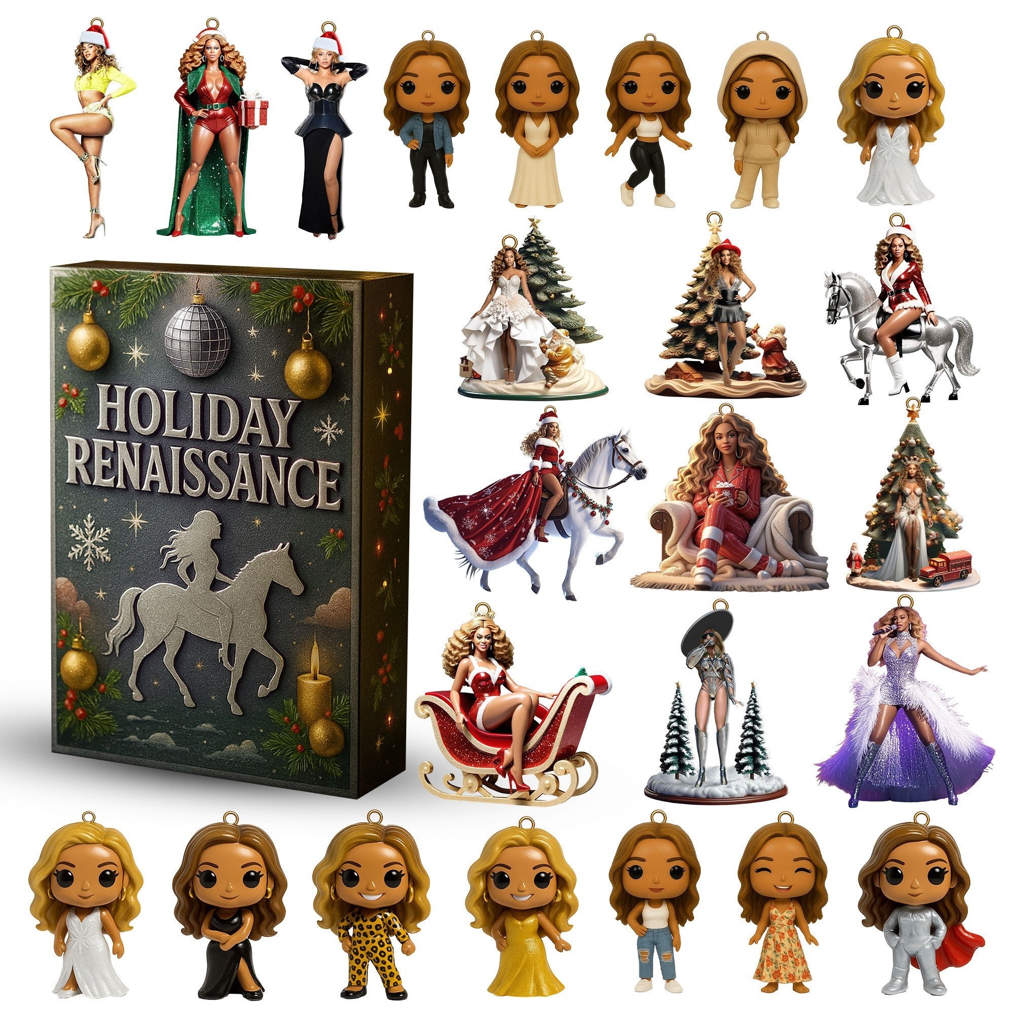 Holiday Renaissance advent calendar box with arranged collectible performer ornaments on a white background.
