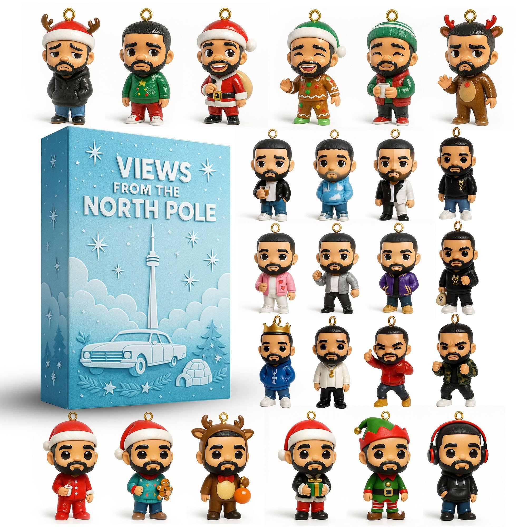 A complete set of miniature figures from Views From The North Pole displayed with the main box in the center!