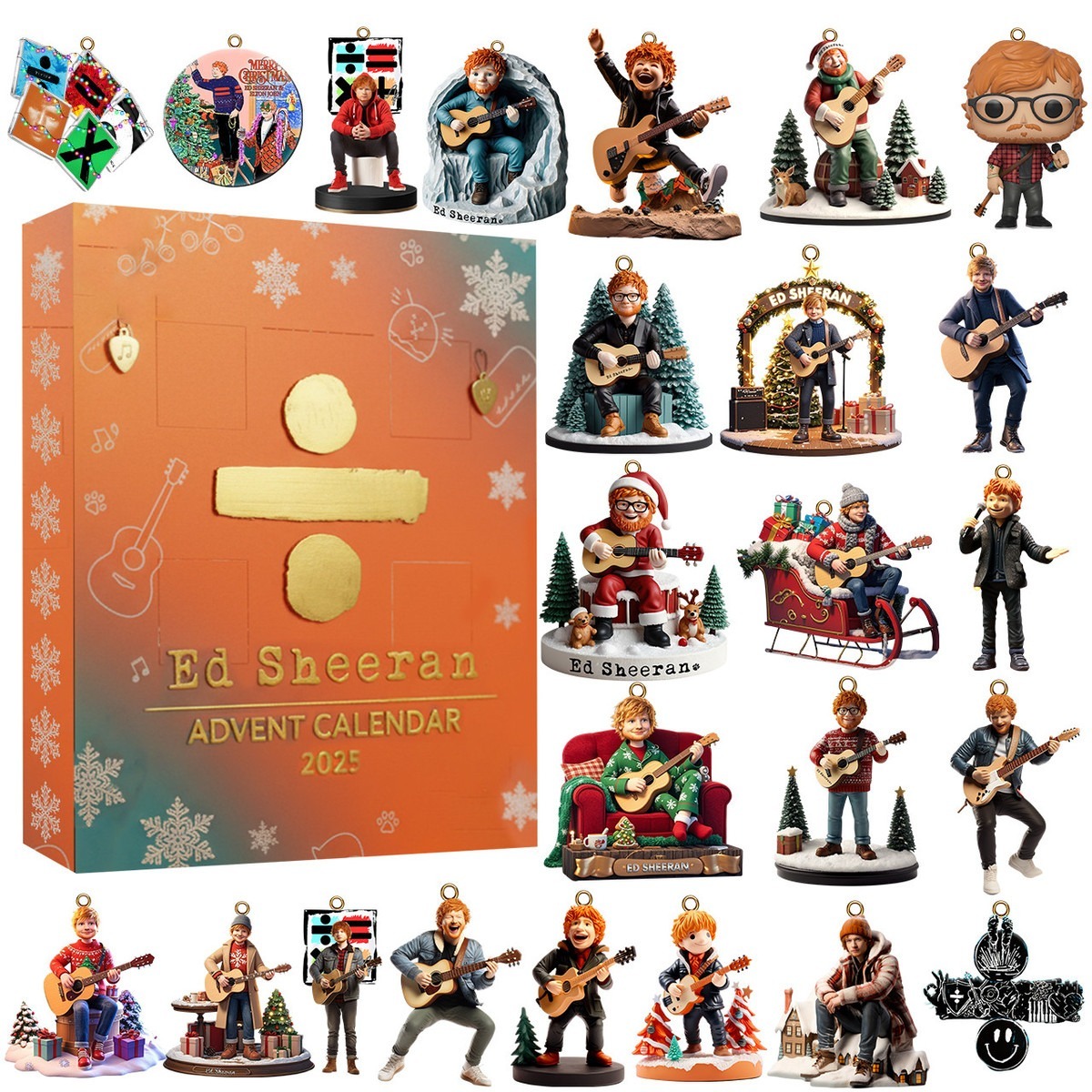 A collection of Ed Sheeran themed ornaments displayed around the Ed Sheeran Advent Calendar 2025 box.
