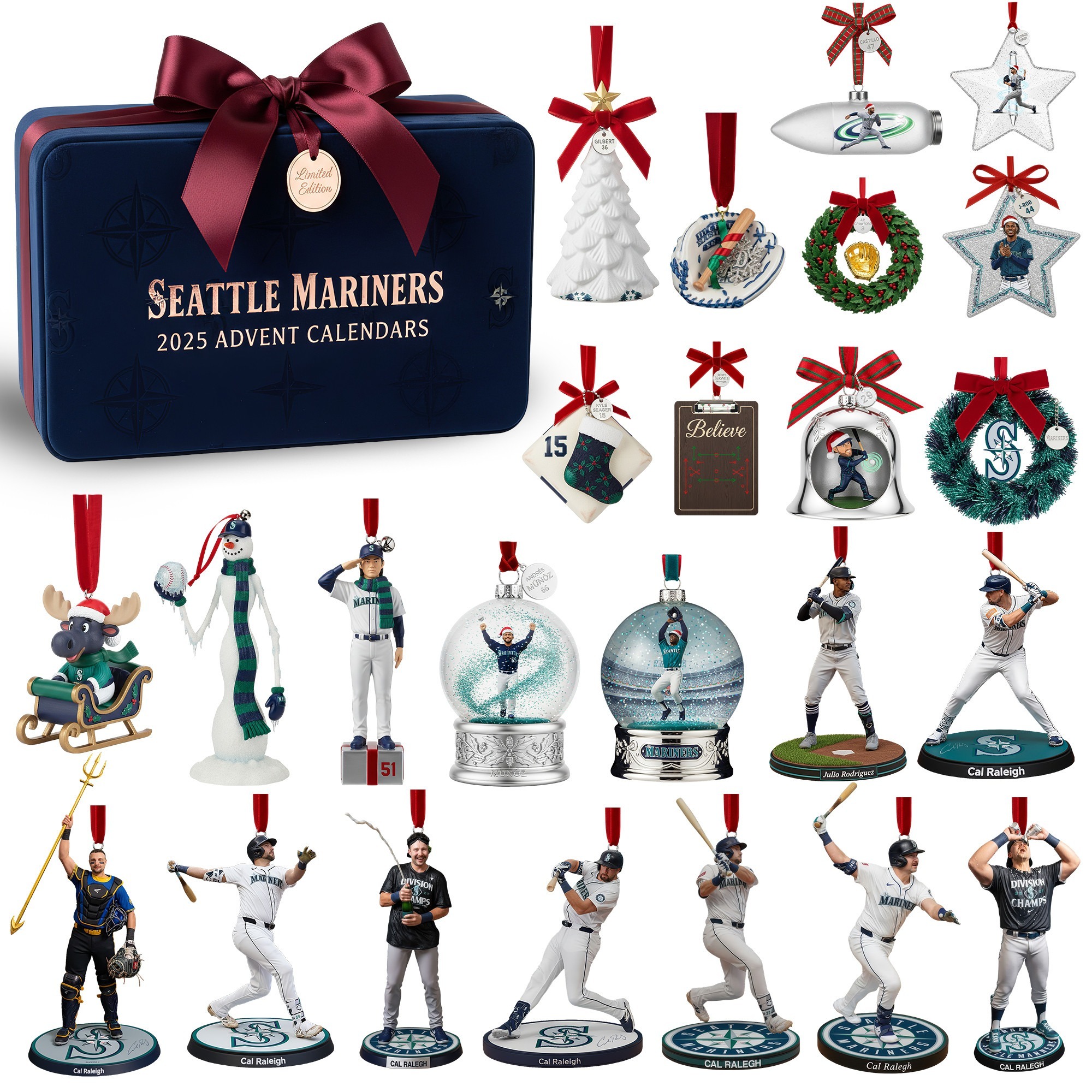 Alt text Complete set of Seattle Mariners advent calendar ornaments and figurines displayed with gift box.