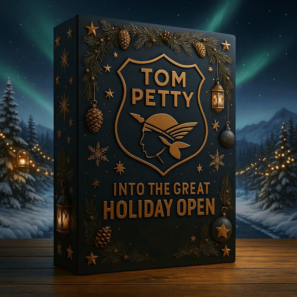 Tom Petty Into The Great Holiday Open Premium Advent Calendar 2025 3 Close up of the Tom Petty Into The Great Holiday Open calendar box with dark blue and gold holiday design.