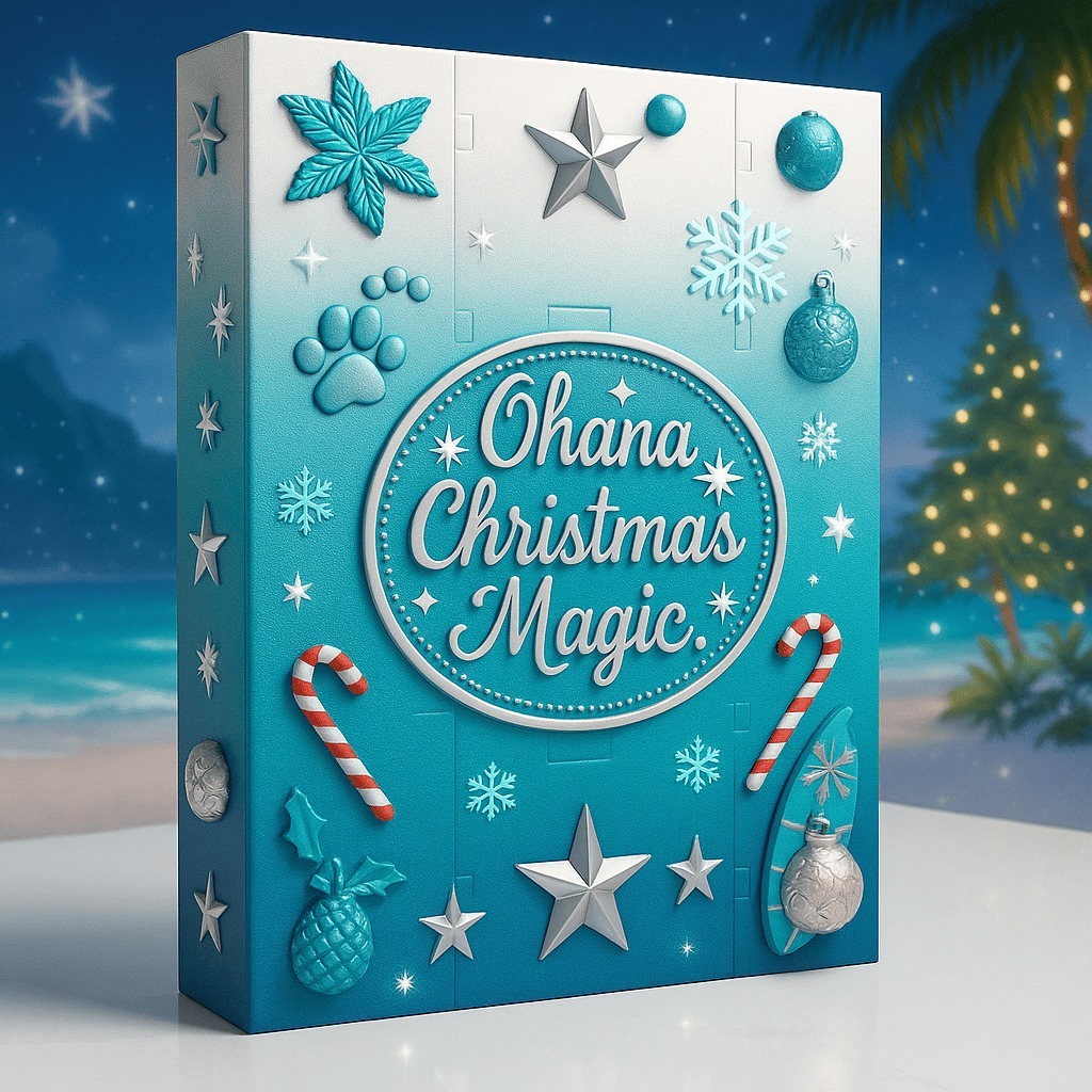 Ohana Christmas Magic Advent Calendar 2025 3 Close up of the Ohana Christmas Magic calendar box with blue and white festive design.