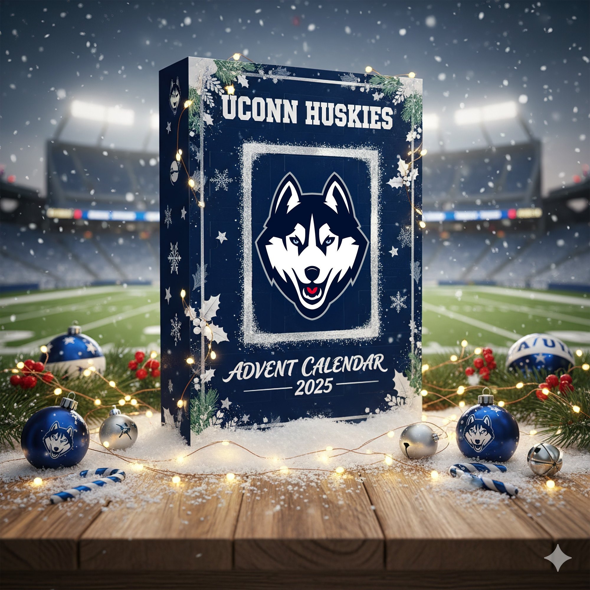 Uconn Huskies Advent Calendar 2025 3 A UConn Huskies Advent Calendar 2025 box displayed on a snowy football field with holiday lights and ornaments.