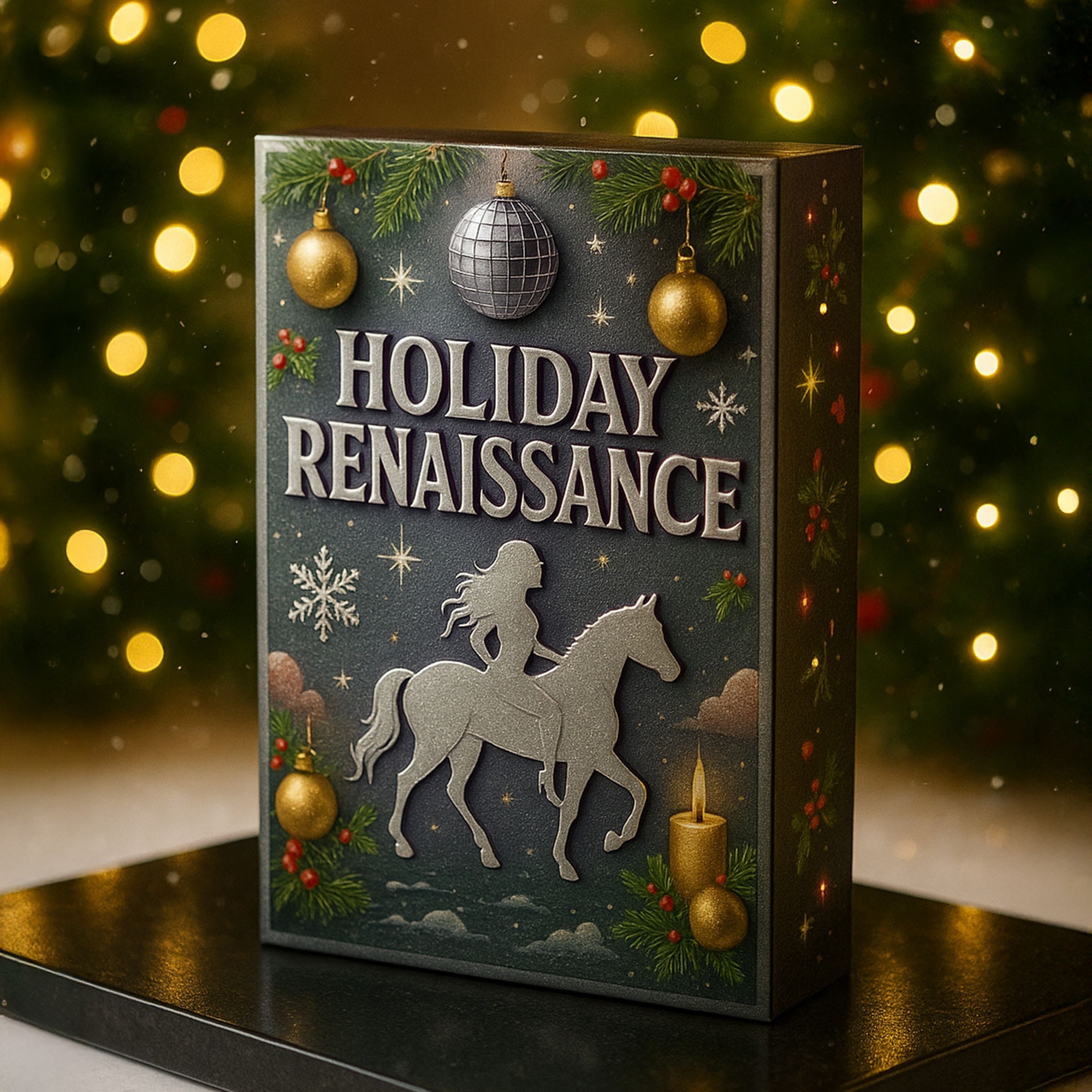 Holiday Renaissance Advent Calendar 2025 3 Close up of Holiday Renaissance advent calendar box beside a lit Christmas tree.