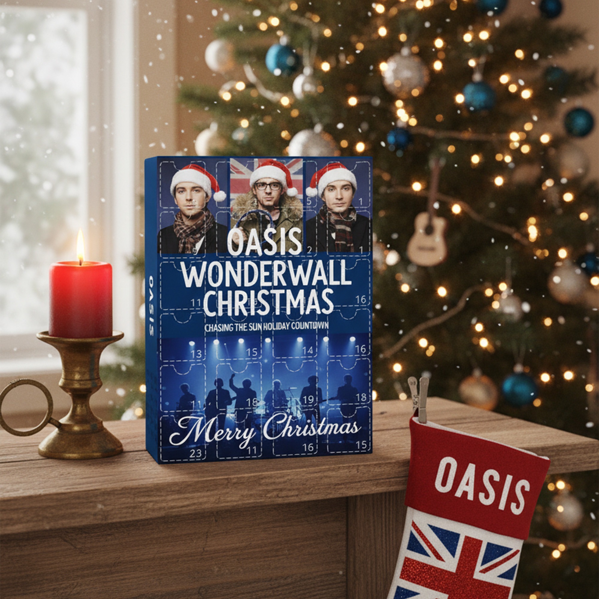 Oasis Wonderwall Christmas Advent Calendar 2025 3 Oasis Wonderwall Christmas Advent Calendar box displayed on a wooden table with a Christmas tree in the background.