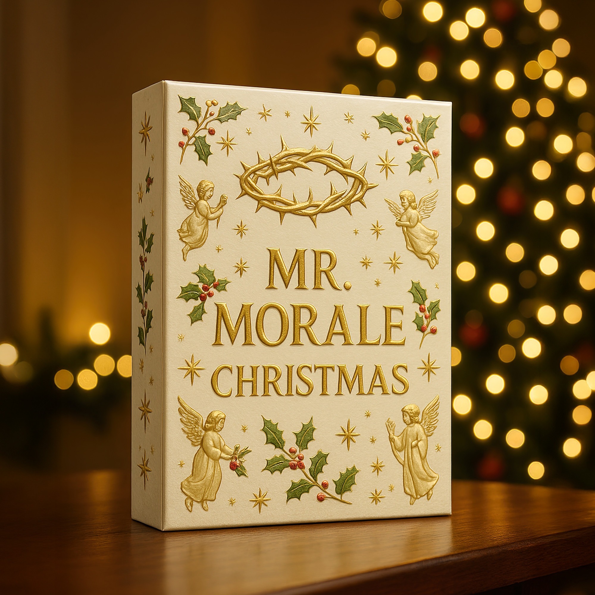 Mr Morale Christmas Advent Calendar 2025 3 A close-up of the Mr Morale Christmas Advent Calendar box beside Christmas lights.