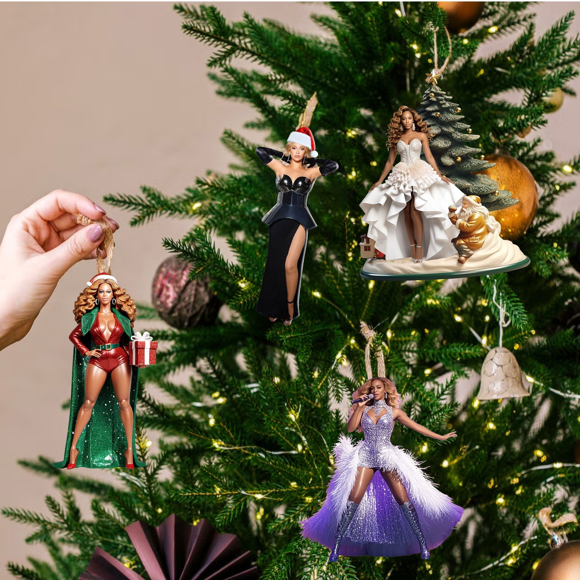 Holiday Renaissance Advent Calendar 2025 4 Hand placing performer themed ornaments from the Holiday Renaissance set on a Christmas tree.