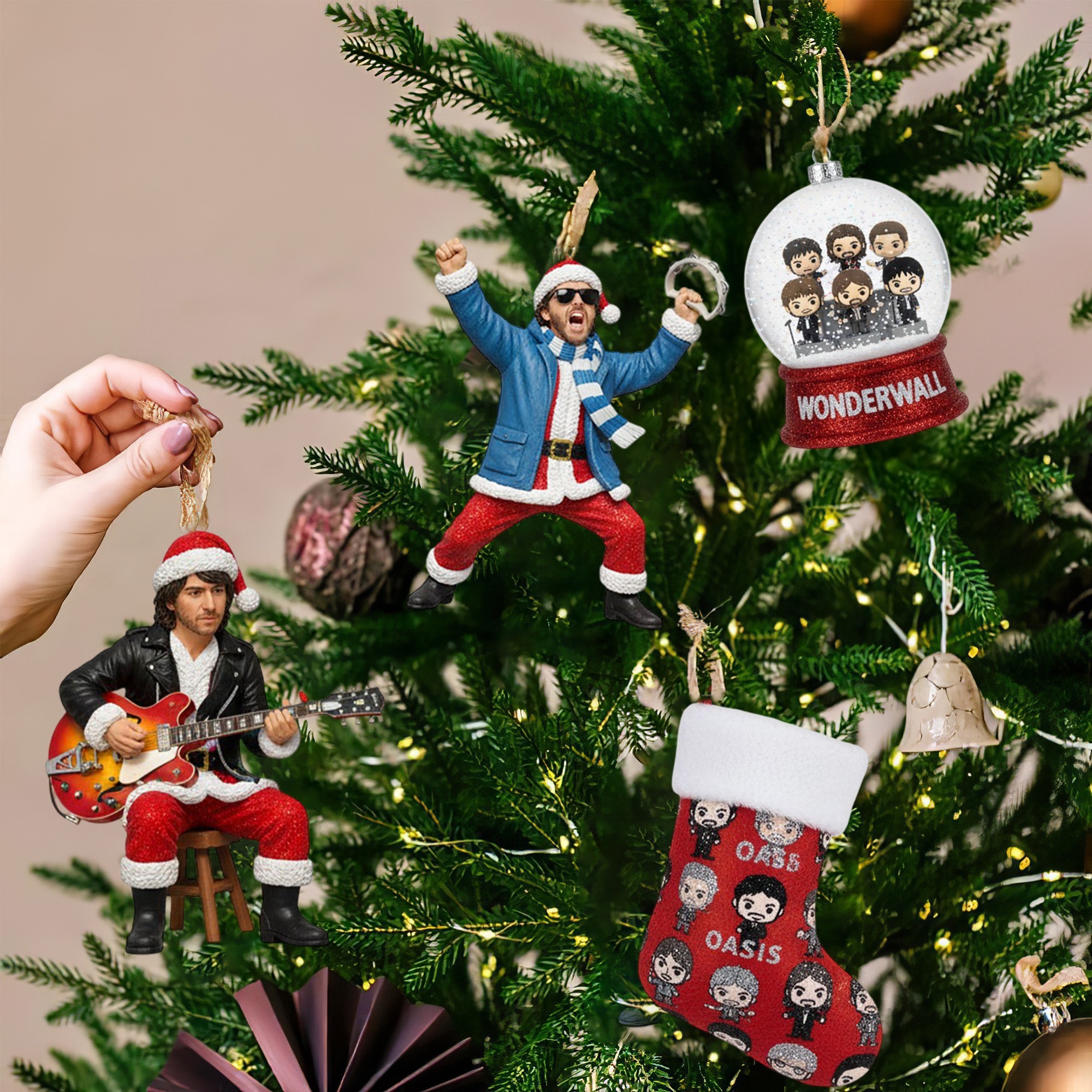 Oasis Wonderwall Christmas Advent Calendar 2025 4 Oasis themed Christmas ornaments hanging on a decorated Christmas tree.