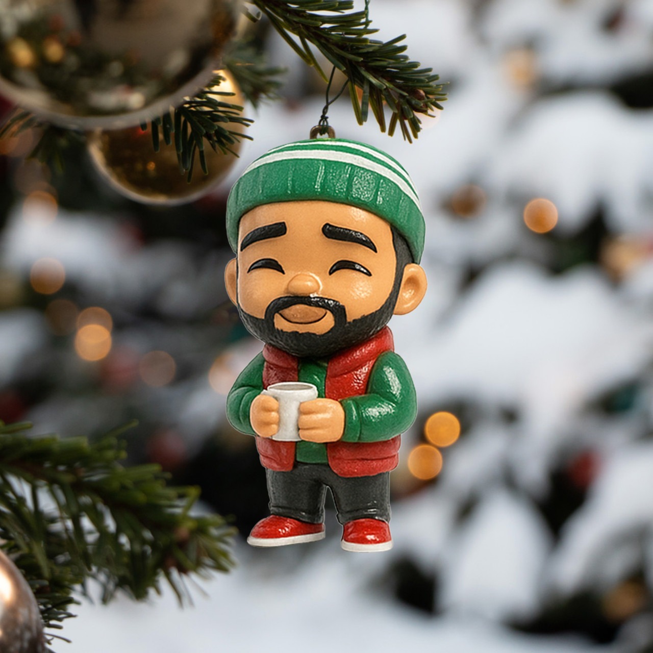 View From The North Pole Advent Calendar 2025 4 A miniature figure from Views From The North Pole hanging on a Christmas tree branch!