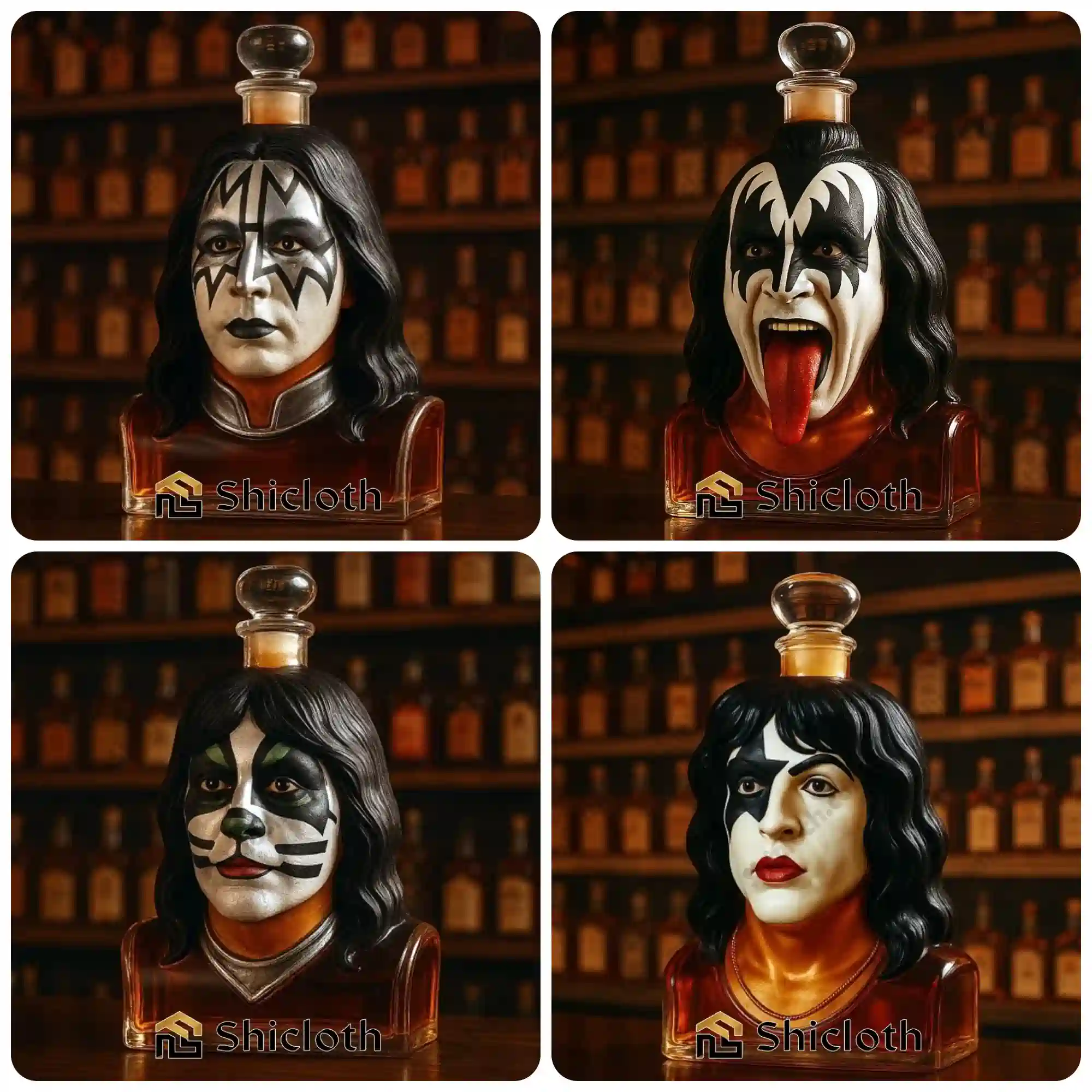 Set of KISS inspired liquor decanters designed as detailed band member heads by Shicloth!