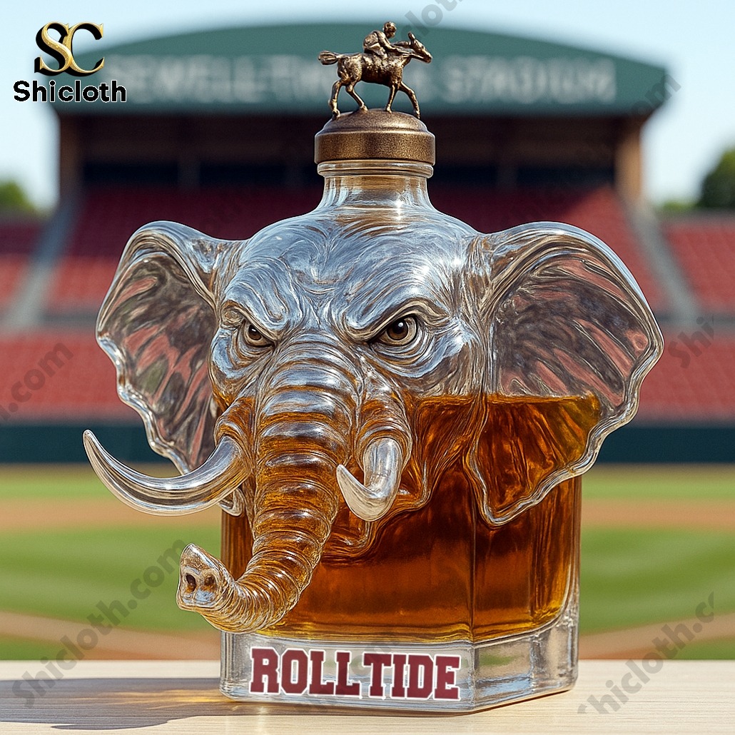 University of Alabama Crimson Tide Whiskey Bottle 4 Elephant-shaped whiskey bottle with horse rider cap labeled Roll Tide displayed at stadium!