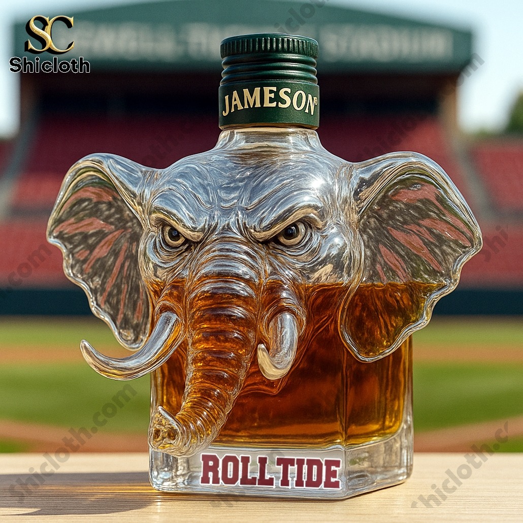 University of Alabama Crimson Tide Whiskey Bottle 6 Elephant-shaped whiskey bottle with Jameson cap and Roll Tide label on a table!