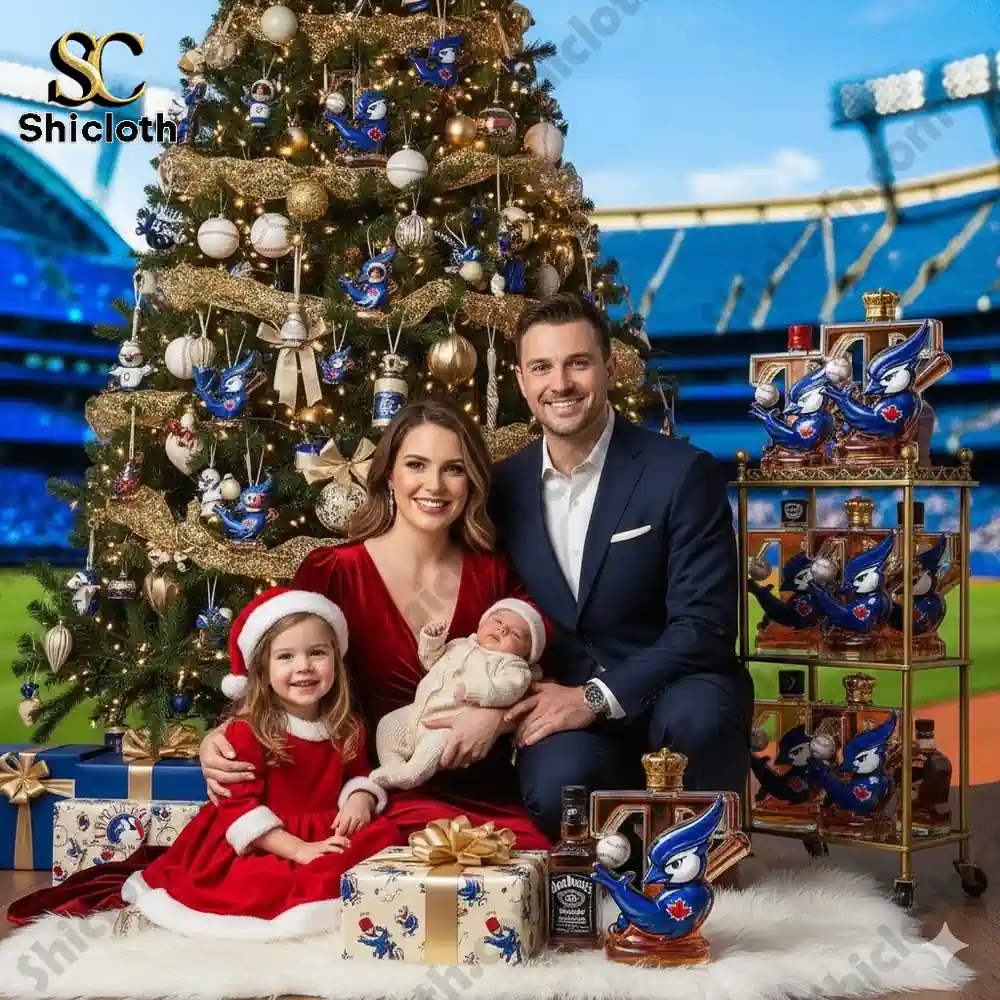 A happy family posing for a Christmas photo beside a Blue Jays themed tree and several Shicloth Blue Jays bottles.