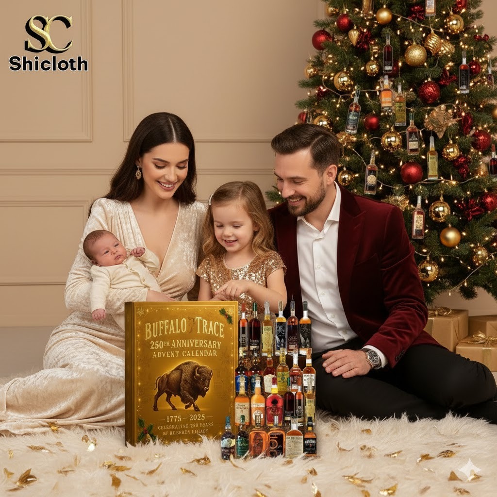 A family sits by a Christmas tree with a Buffalo Trace advent calendar and rows of mini bourbon bottles on display!