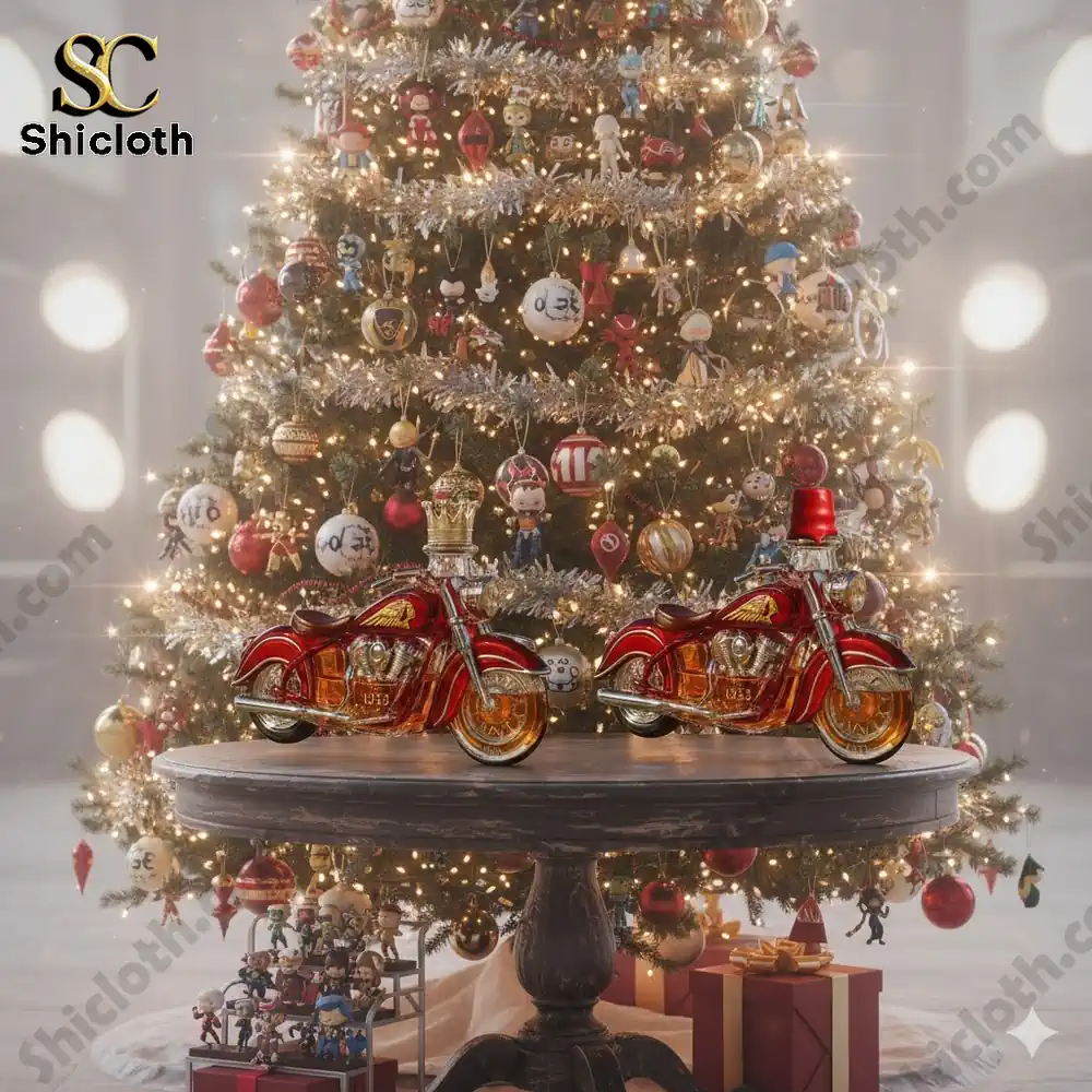 Two decorative motorcycle shaped liquor bottles displayed on a round table in front of a bright Christmas tree!