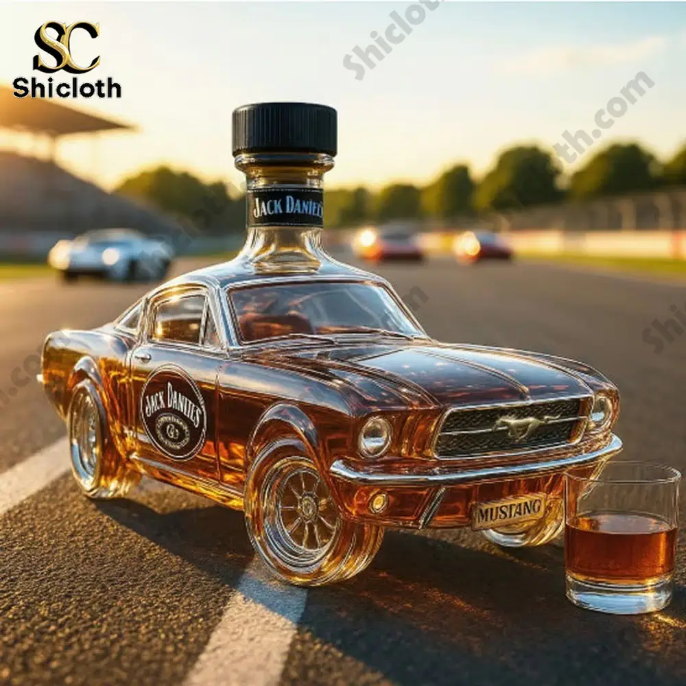A car shaped whisky bottle placed on a racetrack.
