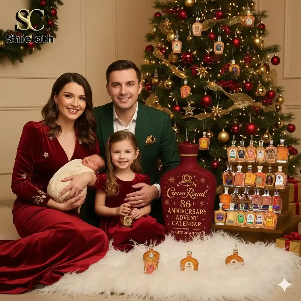 A family sitting by a Christmas tree with the Crown Royal 86th Anniversary Advent Calendar displayed beside them.