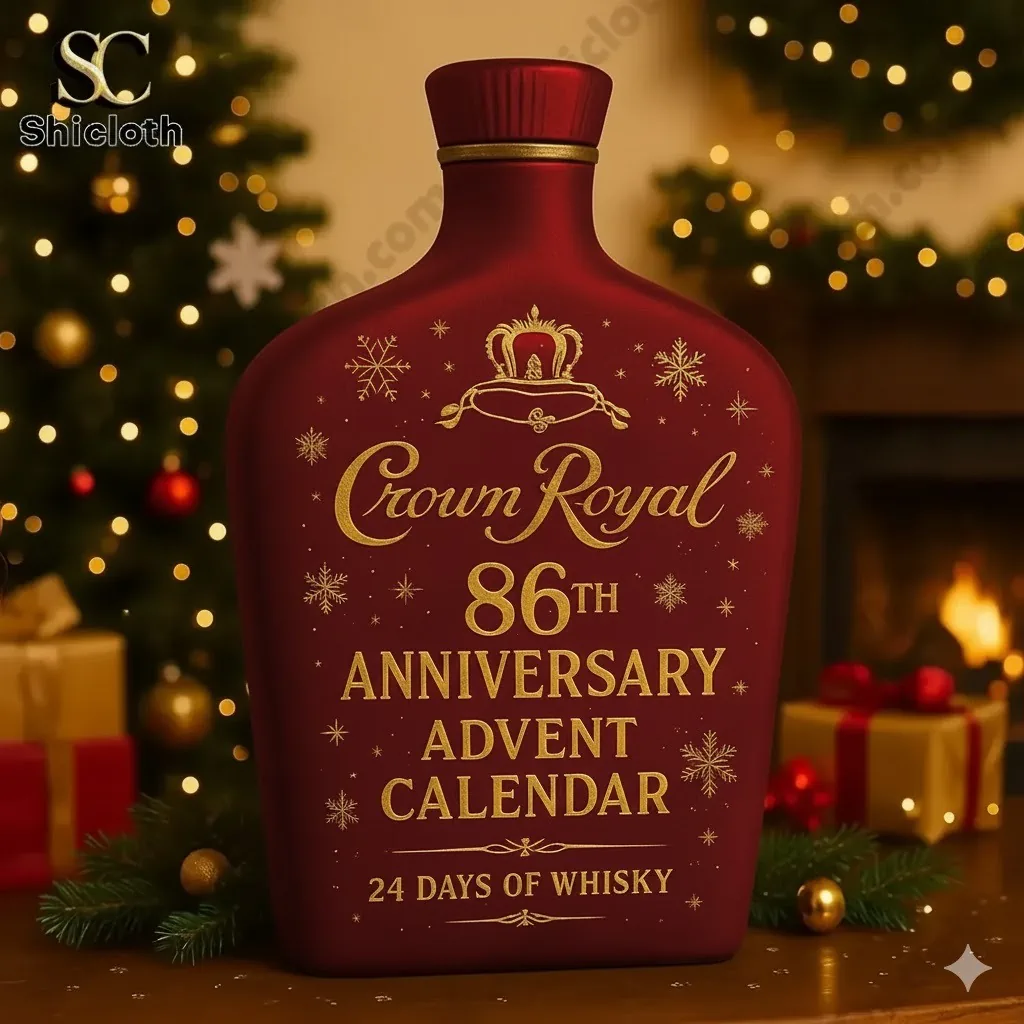 A close up of the Crown Royal 86th Anniversary Advent Calendar bottle by Shicloth.
