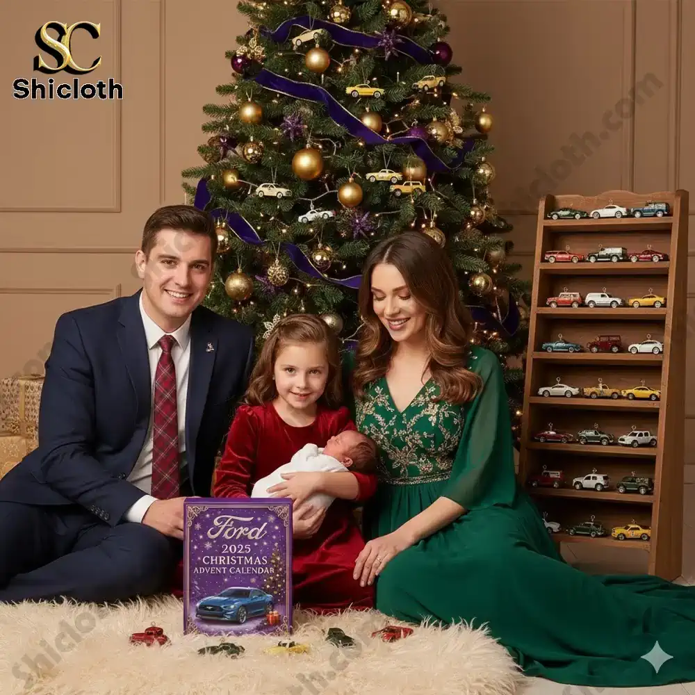 A family posing in front of a decorated Christmas tree with a Ford 2025 Christmas Advent Calendar box displayed on the floor.!