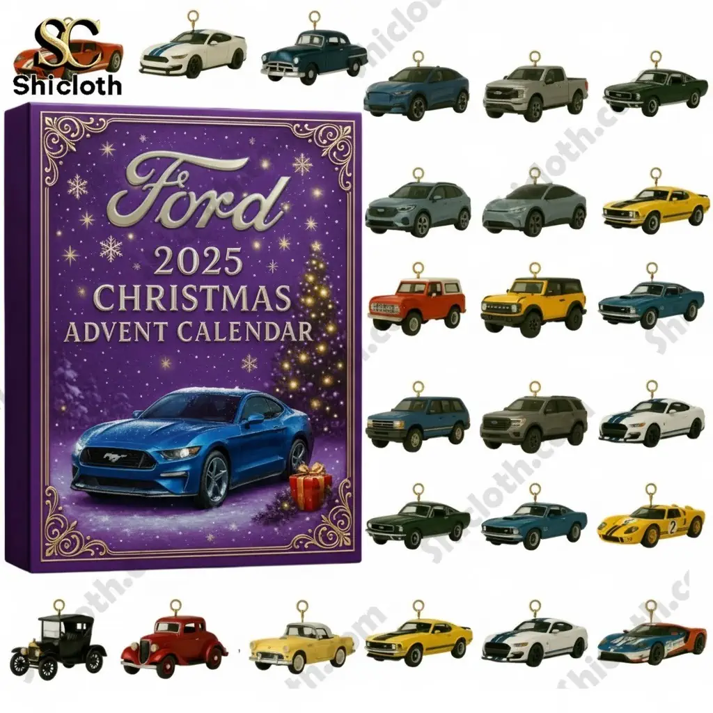 A Ford 2025 Christmas Advent Calendar box displayed alongside miniature model cars from different Ford eras.!