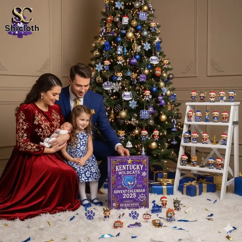 A family posing by a decorated Christmas tree with the Kentucky Wildcats 2025 Advent Calendar box surrounded by themed ornaments.!