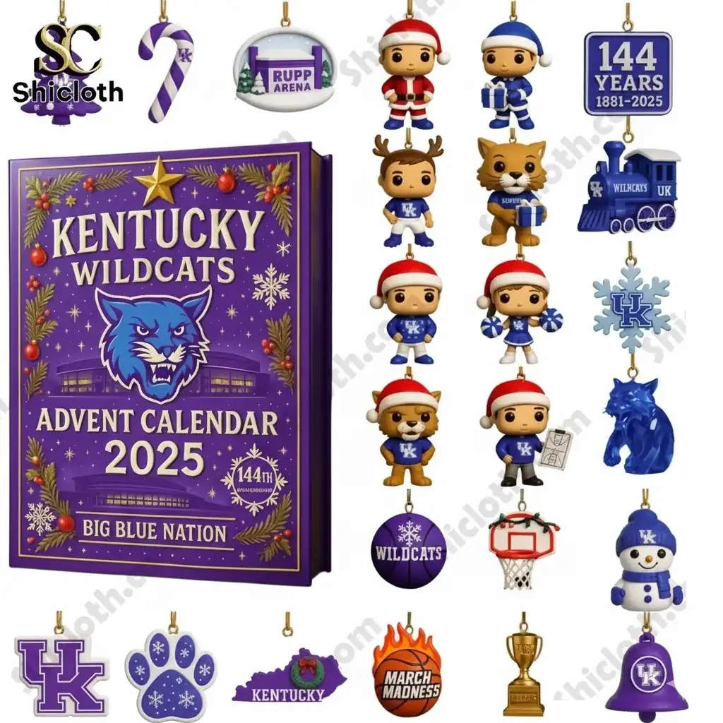A Kentucky Wildcats 2025 Advent Calendar box displayed with miniature character ornaments and sports themed decorations.!