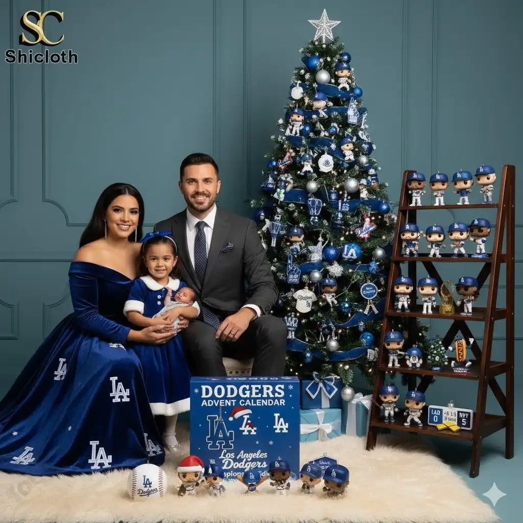 A family poses beside a Christmas tree decorated with Los Angeles Dodgers themed mini collectible figures.