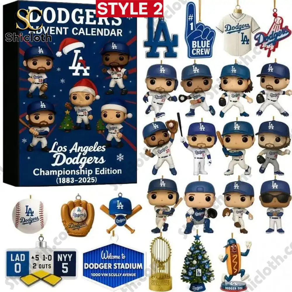 2025 LA Dodgers Championship Advent Calendar 5 Los Angeles Dodgers Advent Calendar Style 2 with mini figures and themed ornaments.