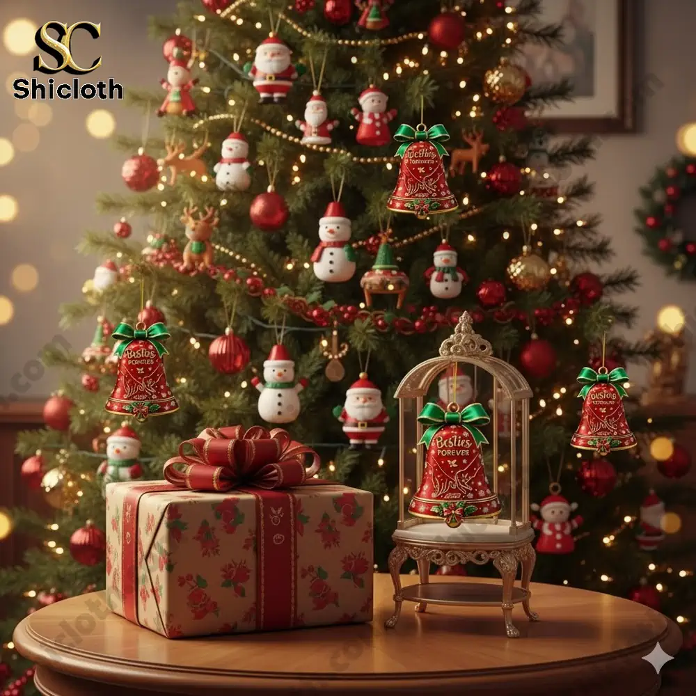 A red Christmas bell ornament with green ribbon hanging on a decorated Christmas tree with lights and gifts.