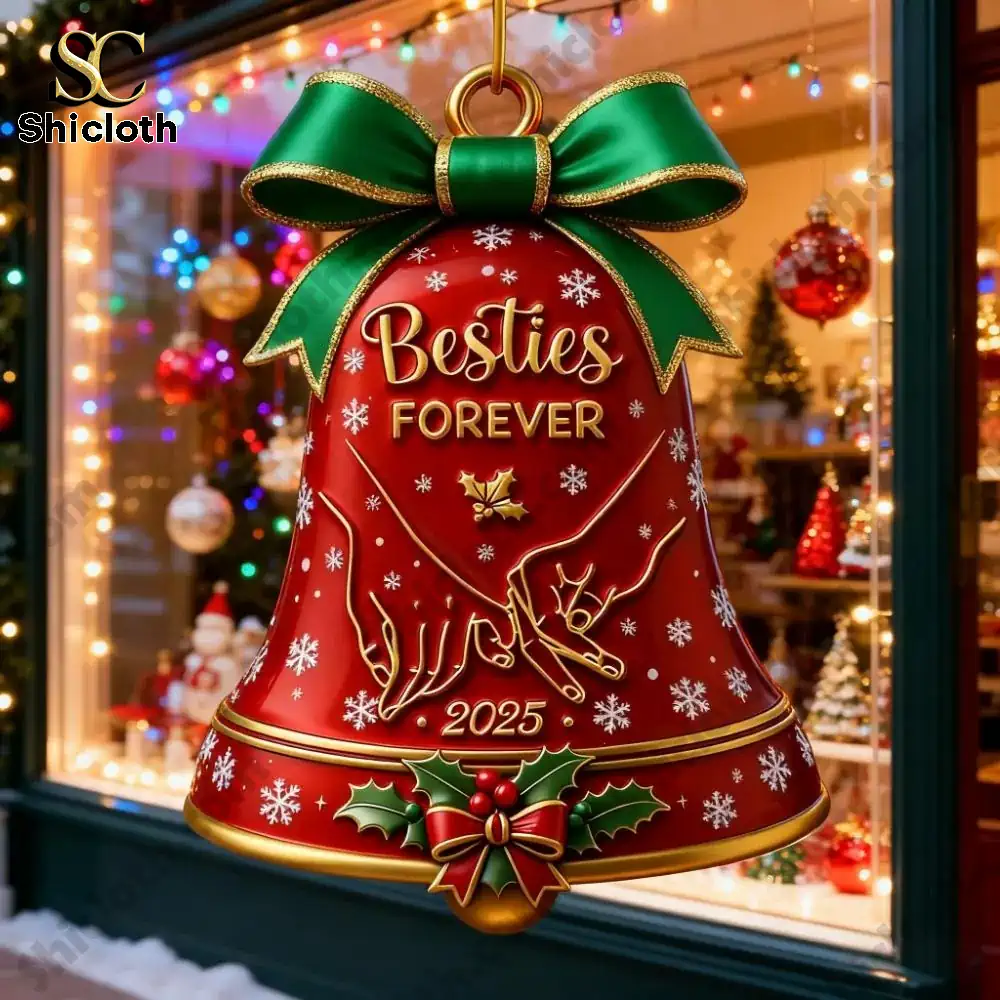 A red Christmas bell ornament with Besties Forever text hanging outside a festive store window.