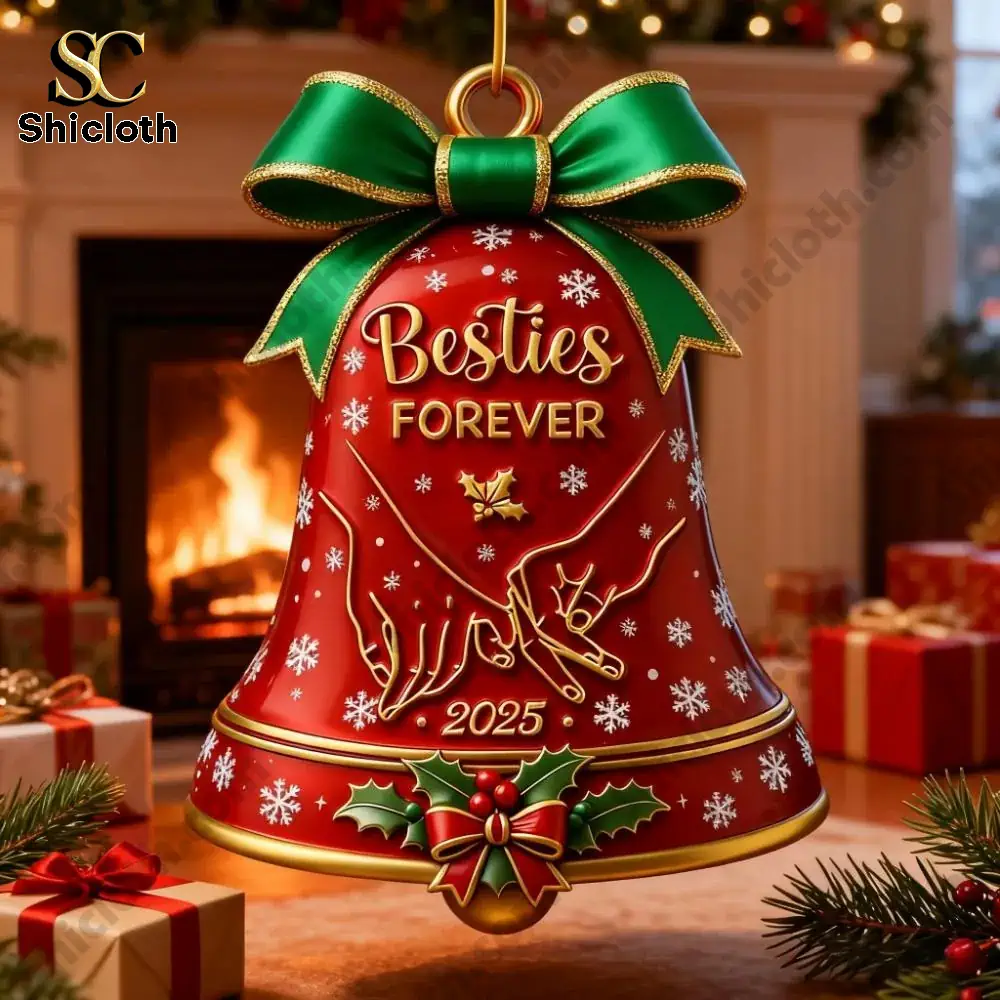2025 Besties Forever Christmas Bell Ornament 3 A red Christmas bell ornament with Besties Forever text hanging near a fireplace with Christmas decorations.