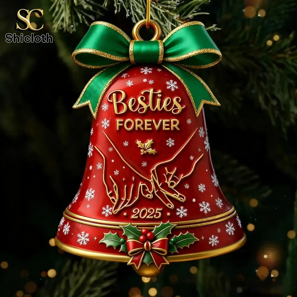 2025 Besties Forever Christmas Bell Ornament 4 A red Besties Forever Christmas bell ornament hanging on a green Christmas tree with lights.