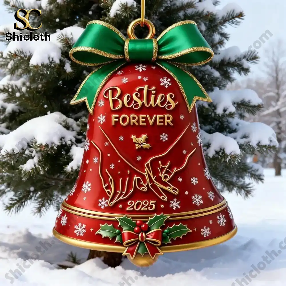 2025 Besties Forever Christmas Bell Ornament 5 A red Besties Forever Christmas bell ornament hanging on a snowy outdoor Christmas tree.