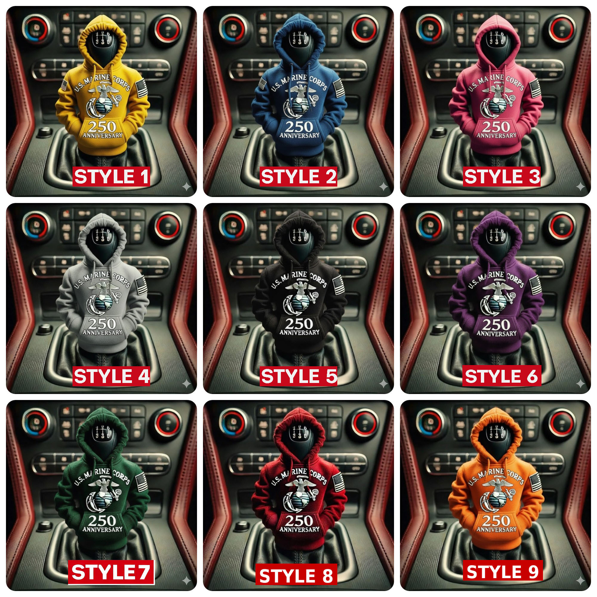 A collage of 9 U.S. Marine Corps 250th Anniversary hoodies in various colors, including yellow, blue, purple, green, grey, red, and orange.