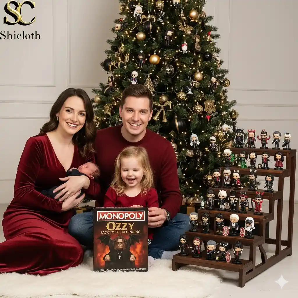 A smiling family posing with the Ozzy Back To The Beginning Monopoly box in front of a Christmas tree.