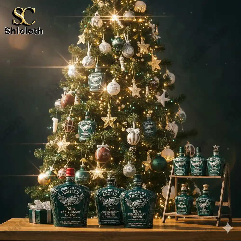 Philadelphia Eagles 92nd Anniversary Edition bottles around a decorated Christmas tree.