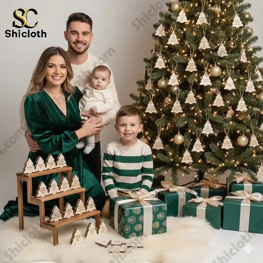 A family posing by a Christmas tree decorated with wooden Acts of Kindness Advent Calendar ornaments from Shicloth.