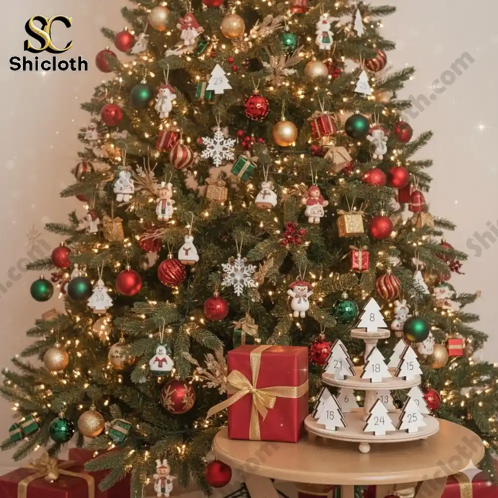 A Christmas tree decorated with ornaments and Shicloth’s Acts of Kindness Advent Calendar displayed beside wrapped gifts.