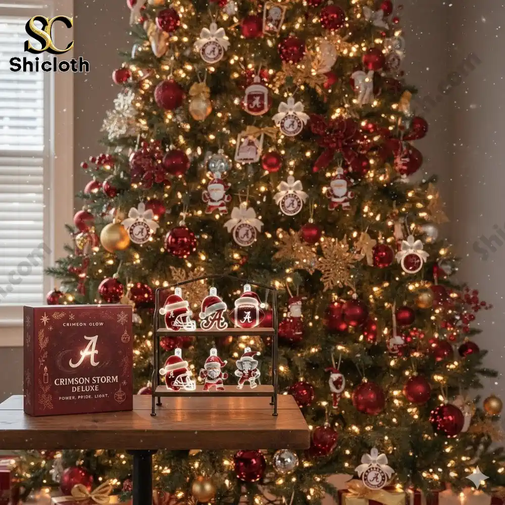 A Christmas tree decorated with Alabama Crimson Tide ornaments and warm glowing lights.