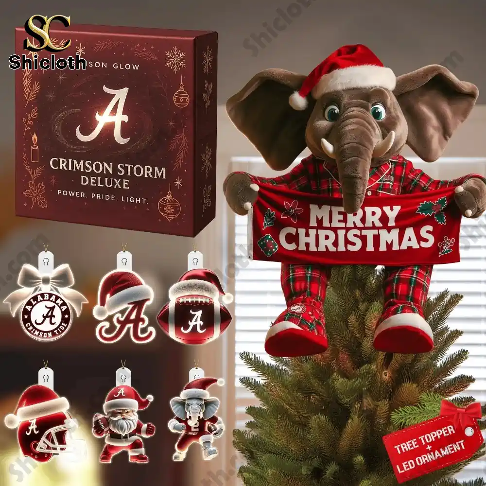 Alabama Crimson Tide Christmas tree topper with elephant holding Merry Christmas sign and themed ornaments.
