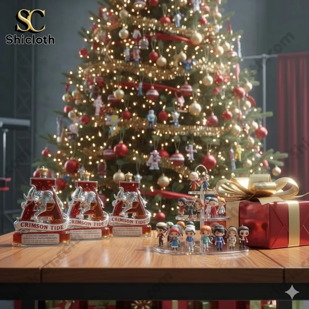 Display of collectible bottles and small character figures arranged on a table in front of a decorated Christmas tree.