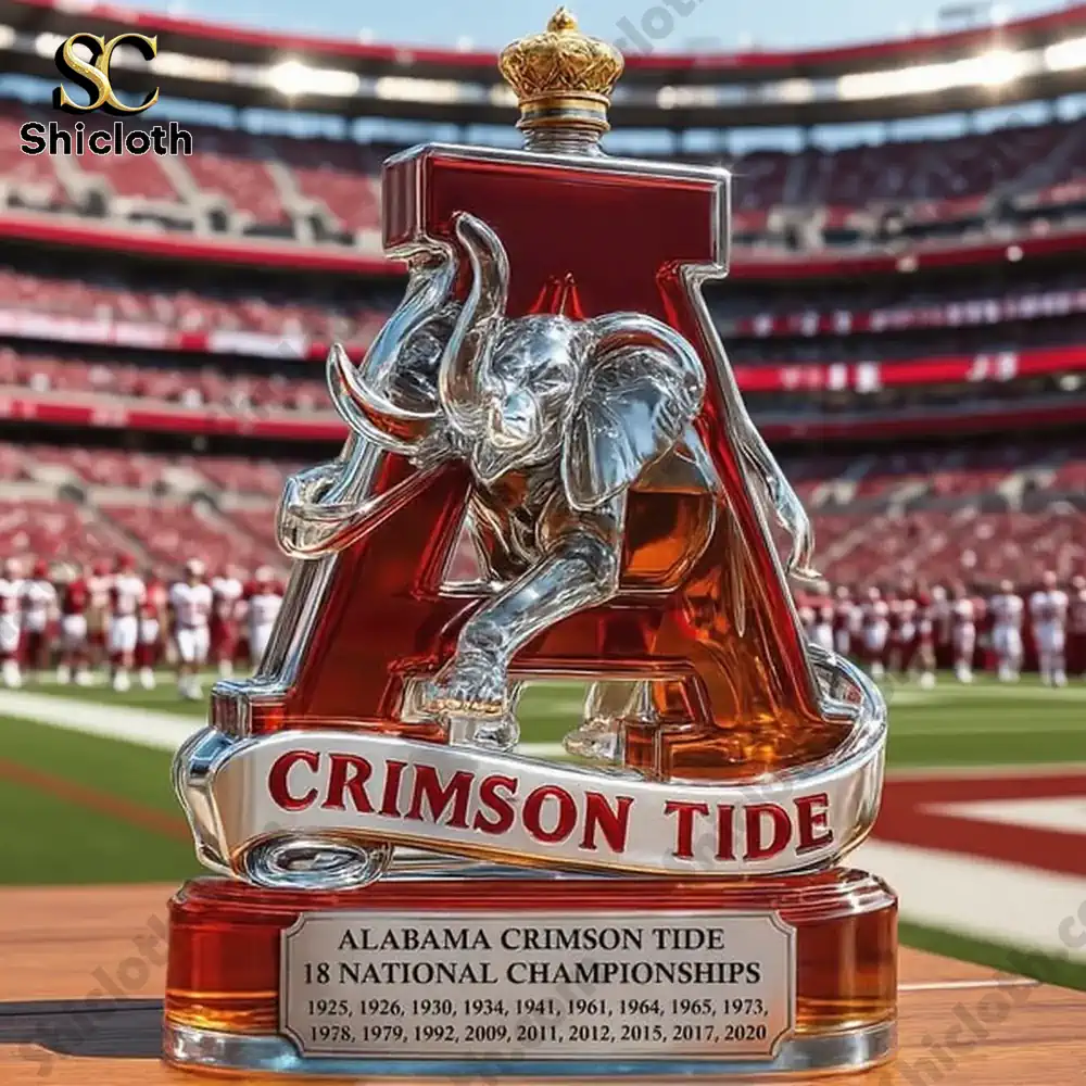 Alabama Crimson Tide themed bottle with an elephant design displayed on a football field.