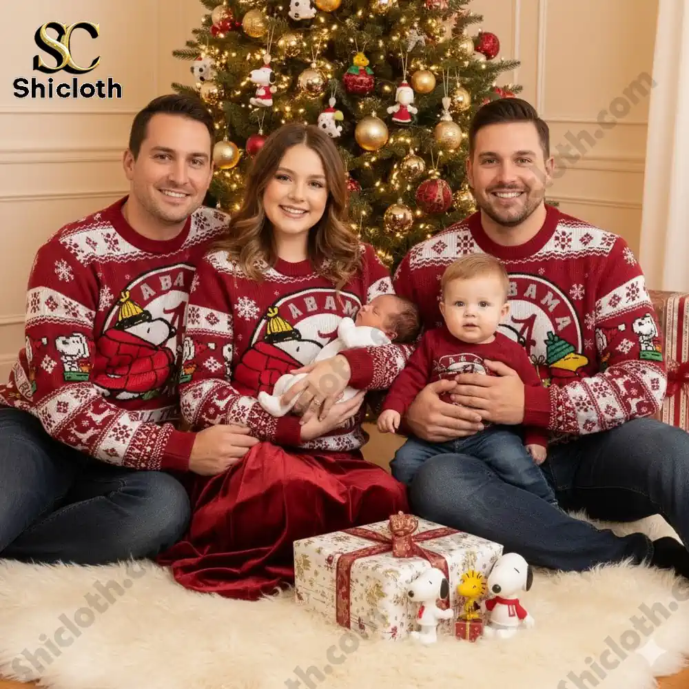 Family wearing Alabama Crimson Tide themed Snoopy Christmas sweaters in front of a decorated tree with holiday gifts.